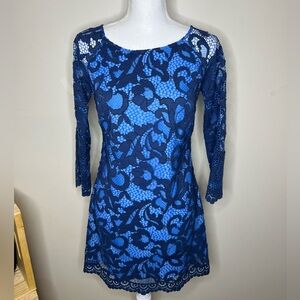 Lilly Pulitzer Womens Blue Lace Long Sleeve Floral Bow A-Line Mini Dress 0